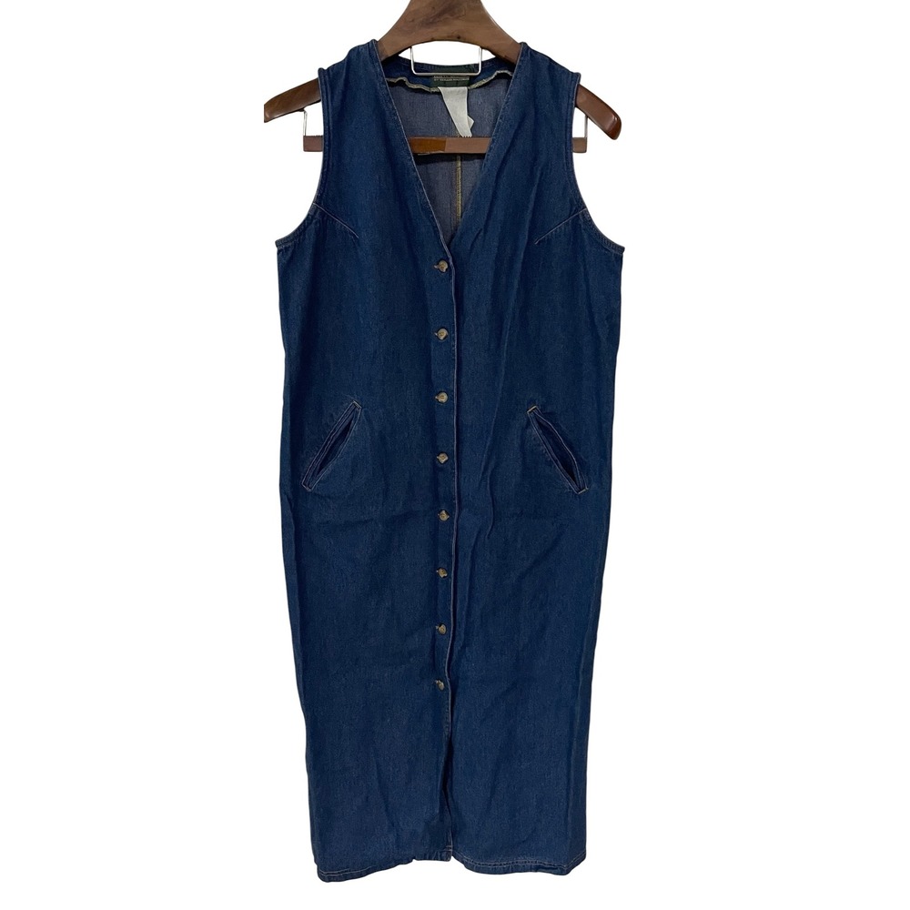Vtg Harve Benard Denim Button Front Midi Dress Sleeveless Teacher Western 90s L